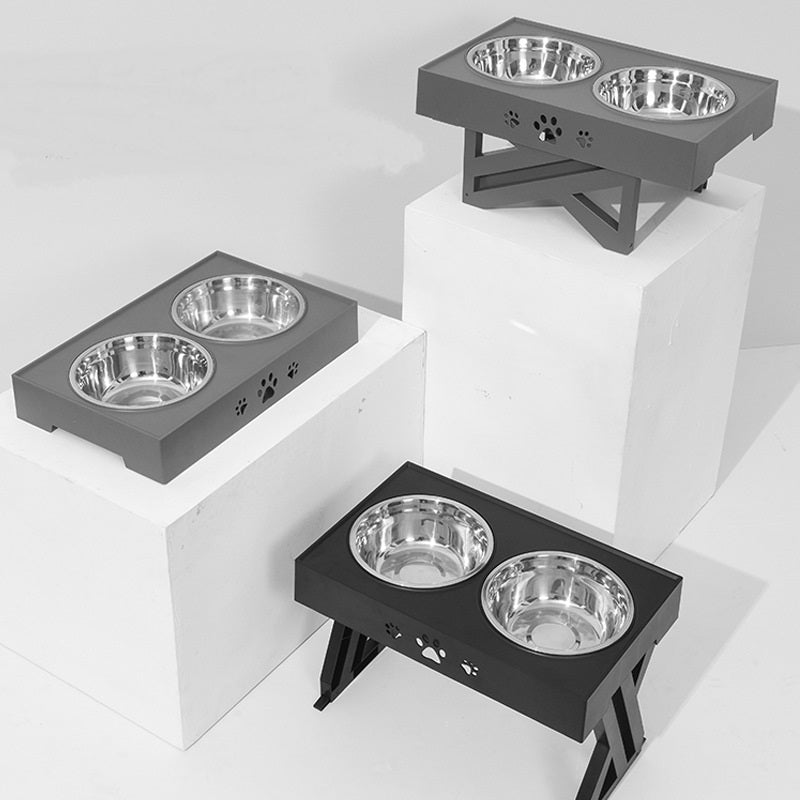 2 Stainless Steel Dog Food Bowls w/Adj Height Holder