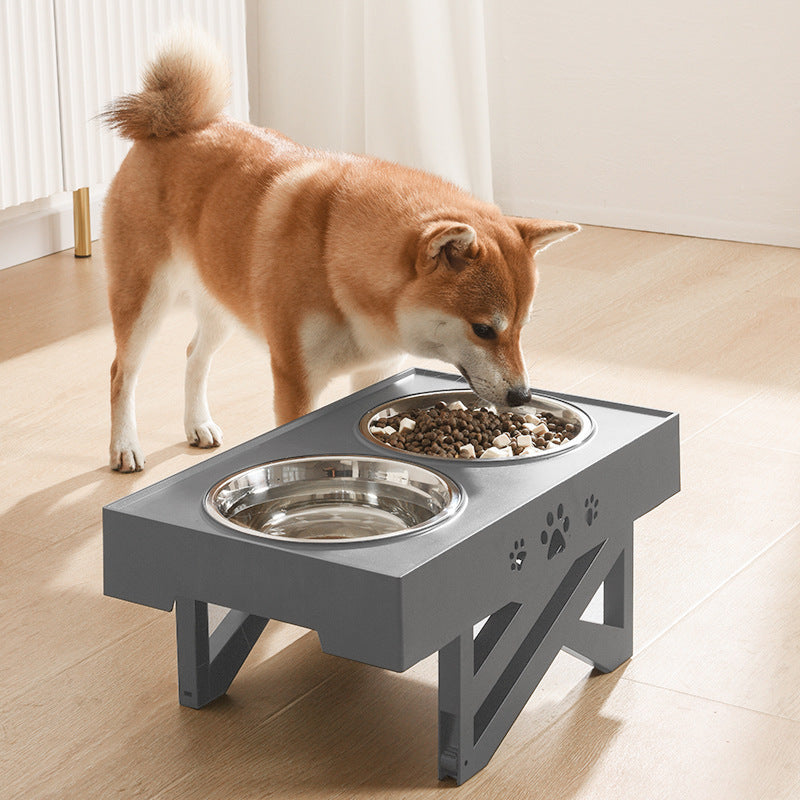 2 Stainless Steel Dog Food Bowls w/Adj Height Holder