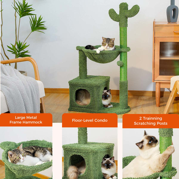 Cactus Cat Tree 40 Inch Tower With Large Metal Carpet Hammock