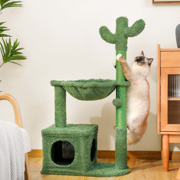 Cactus Cat Tree 40 Inch Tower With Large Metal Carpet Hammock