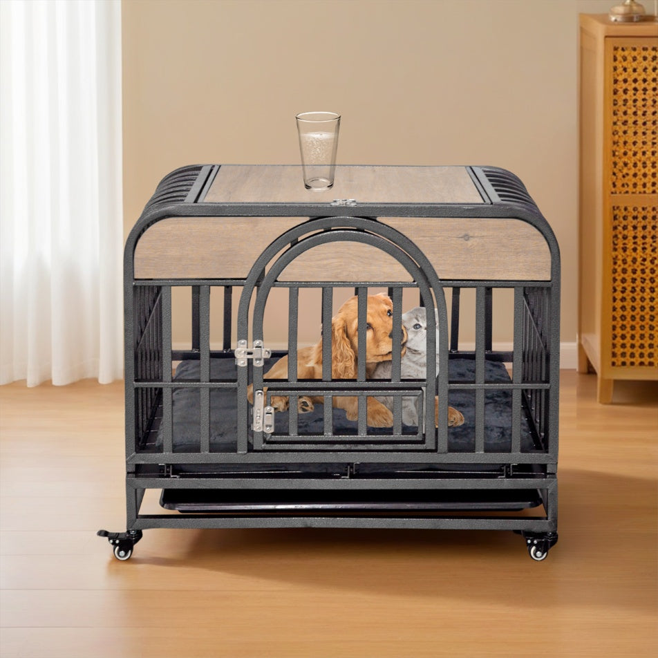 46in Heavy Duty Dog Crate With Removable Trays And Wheels