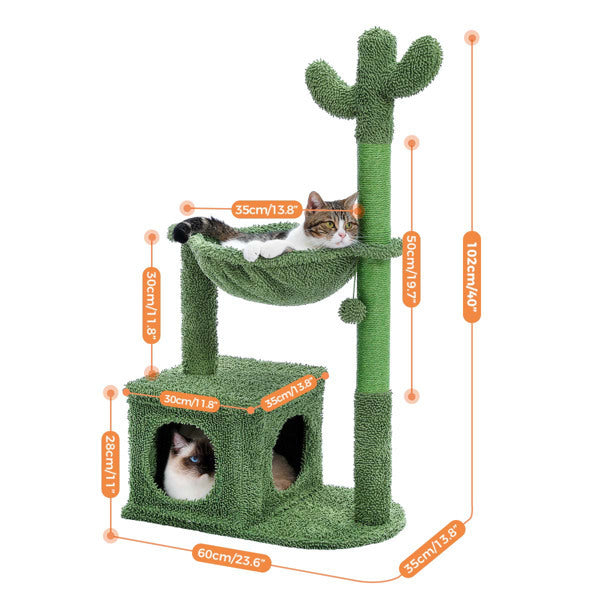 Cactus Cat Tree 40 Inch Tower With Large Metal Carpet Hammock