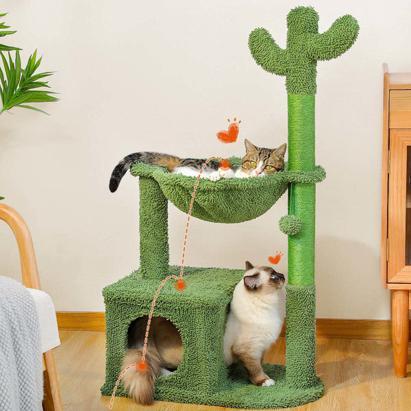 Cactus Cat Tree 40 Inch Tower With Large Metal Carpet Hammock